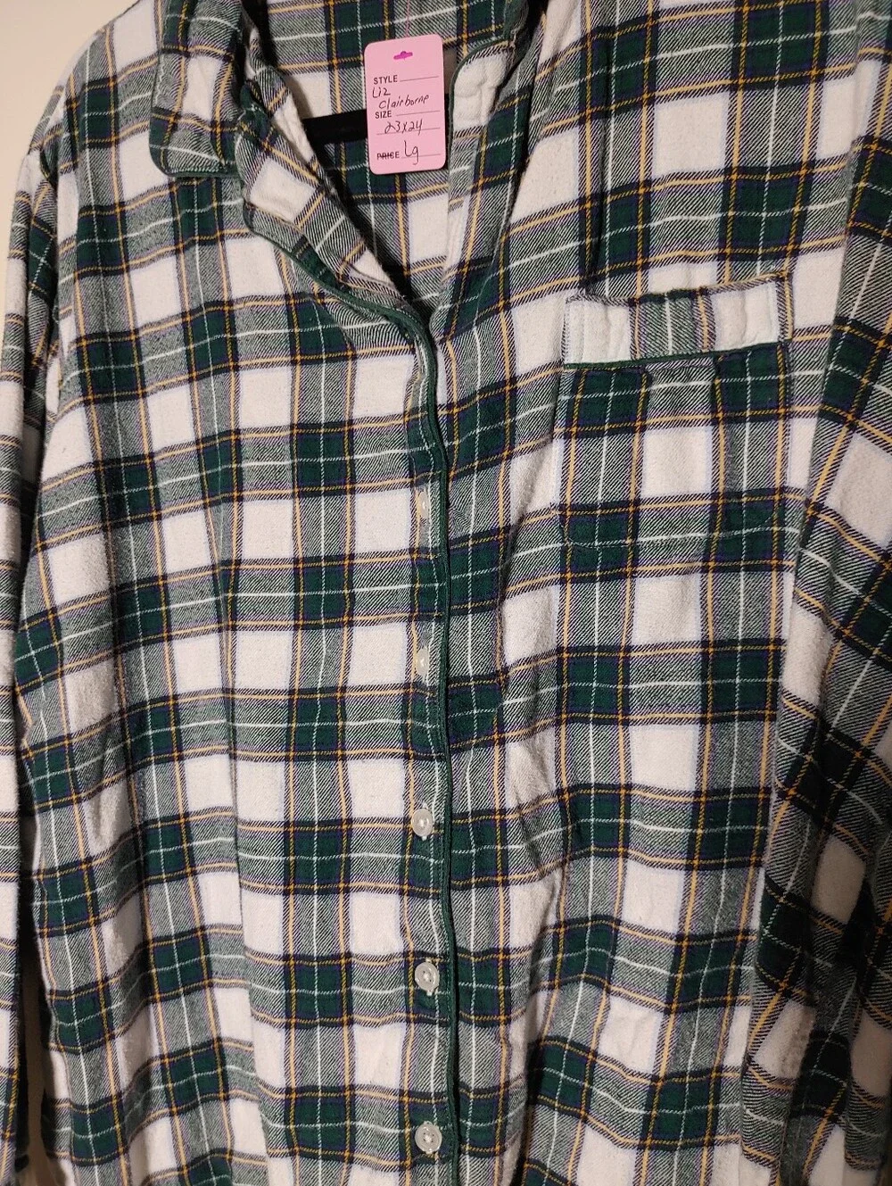 Liz Claiborne large 100% Cotton Green Plaid Long Sleeve Pajama Set